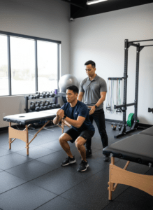 Physical therapist conducting one-on-one biomechanical assessment with athlete for performance physical therapy in Torrance