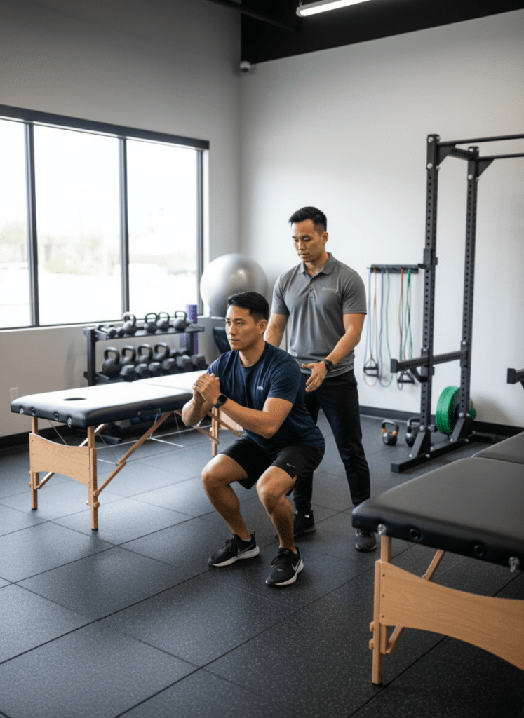 Physical therapist conducting one-on-one biomechanical assessment with athlete for performance physical therapy in Torrance