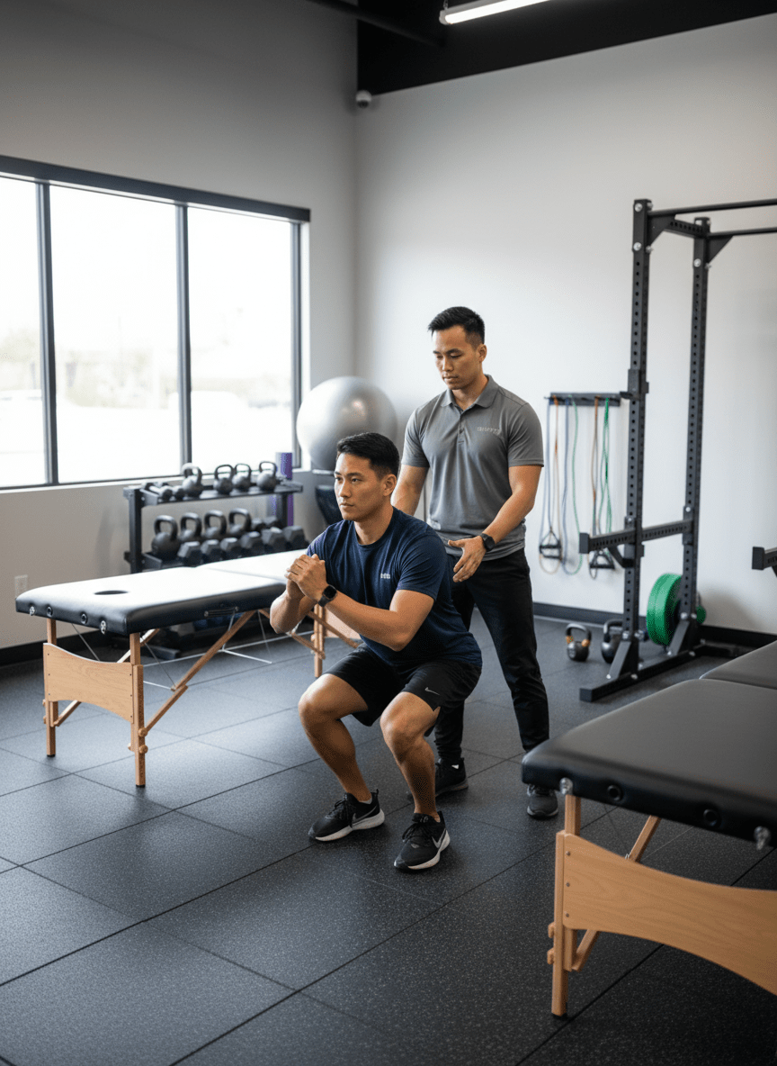 Physical therapist conducting one-on-one biomechanical assessment with athlete for performance physical therapy in Torrance